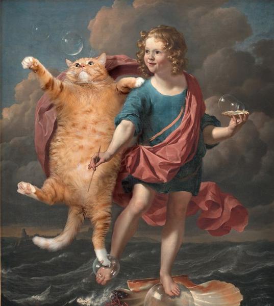 船が沈み遭難したレオナルド・ダ・ピンチがシャボン玉の中に夢見てた最後の晩餐会を映し出す ネコへのボケ[67148598] ボケて